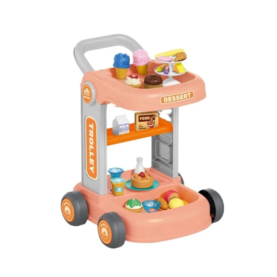 Pink desert Cart Hospitality Play Set for Kids – educational role play toy with food trolley, food, and accessories for imaginative learning and creative play.