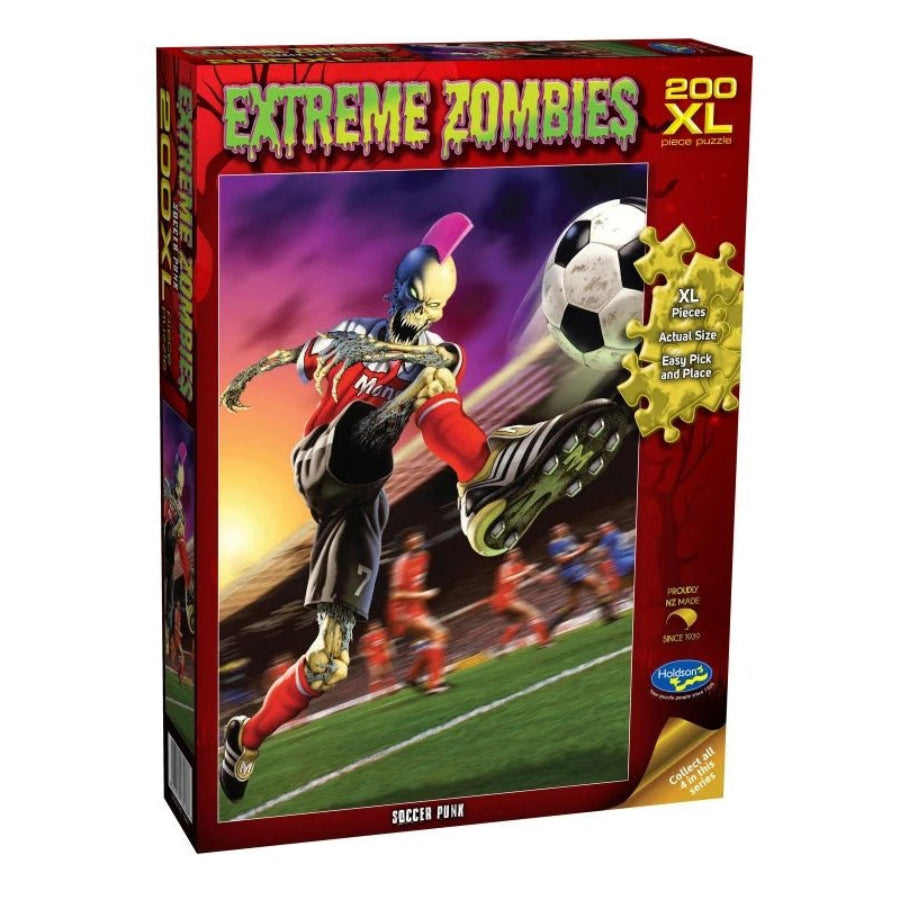 Extreme Zombies Soccer 200 piece XL kids’ jigsaw puzzle with zombie characters.