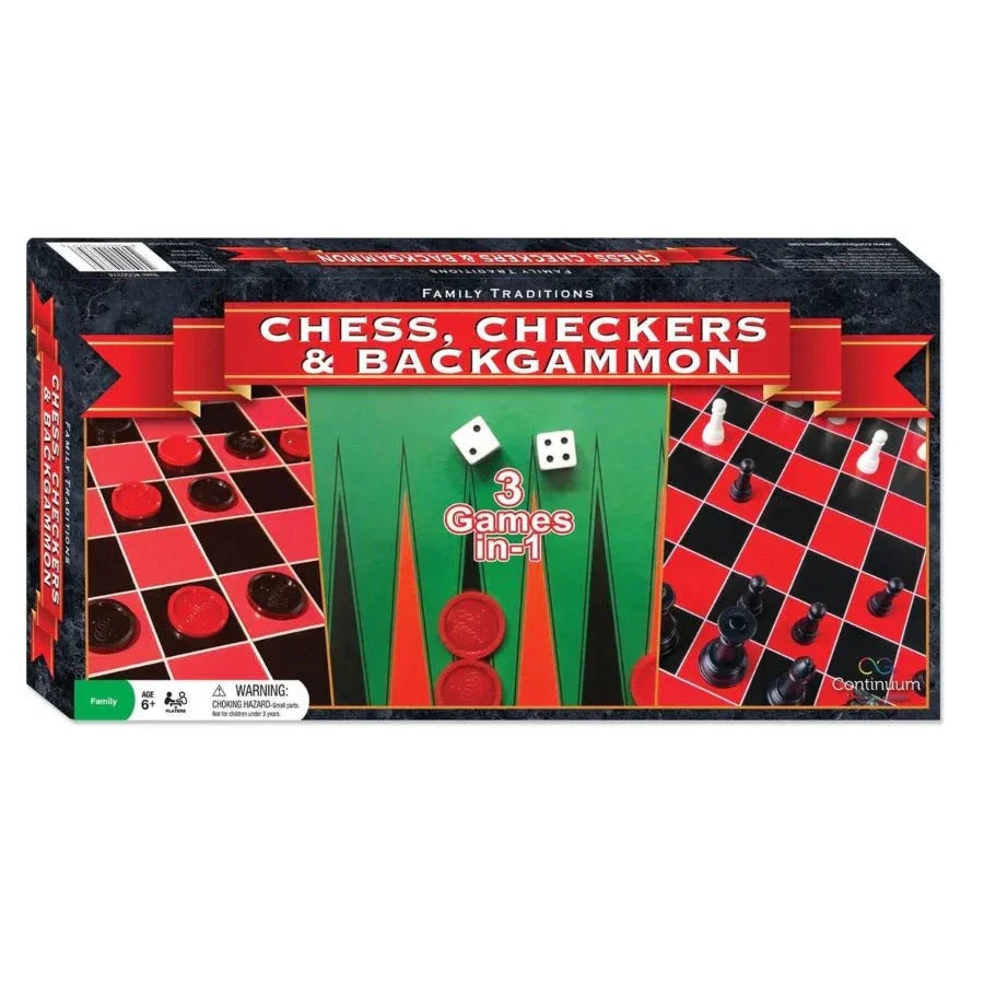 Family Traditions 3-in-1 board game set box showing chess, checkers and backgammon, foldable wooden board and playing pieces