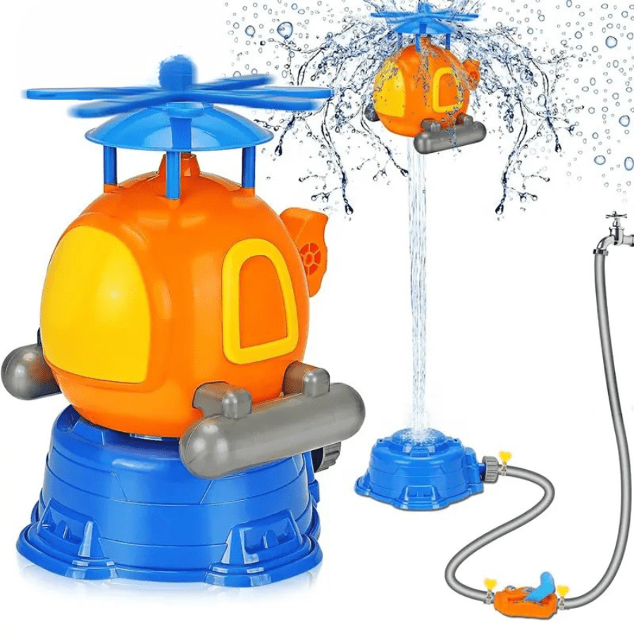 Flying Helicopter Sprinkler for Kids – colourful spinning water toy for outdoor summer fun and backyard splash play.