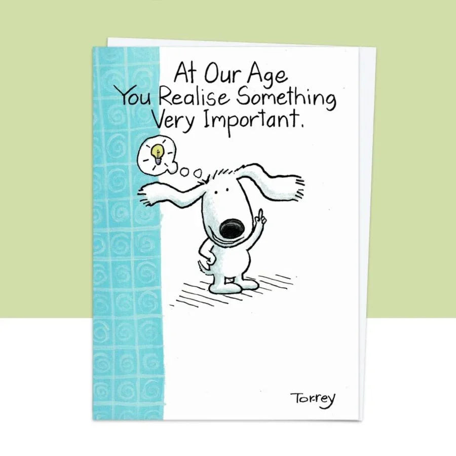 Funny Dog Birthday Card – “At Our Age…” Light Bulb & Memory Gag