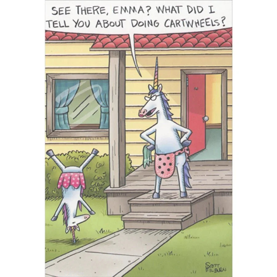 Funny Unicorn Birthday Card – “Cartwheel Fail” Magical Birthday Joke