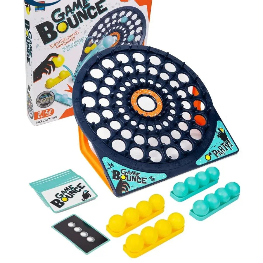 Game Bounce – fun family tabletop challenge game for kids and adults where players bounce balls into grids to complete patterns and score points.