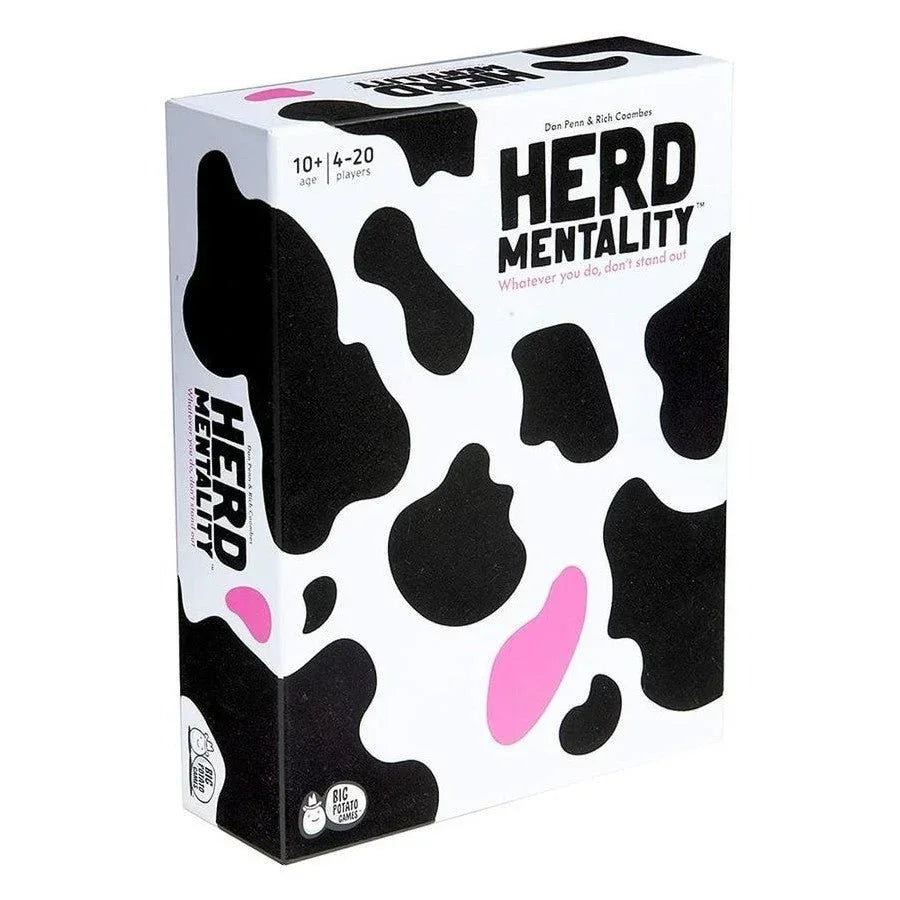 Herd Mentality board game box with black and pink cow print design, party game for 4-20 players.