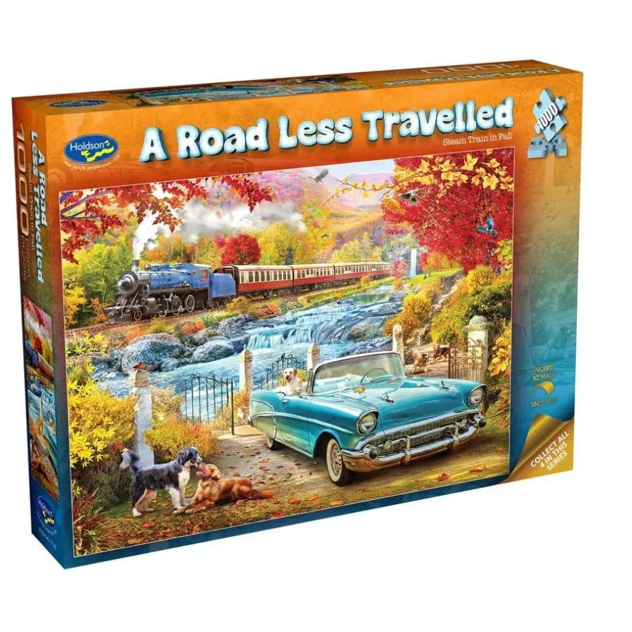 Holdson 1000 piece steam train jigsaw puzzle in autumn countryside scene.