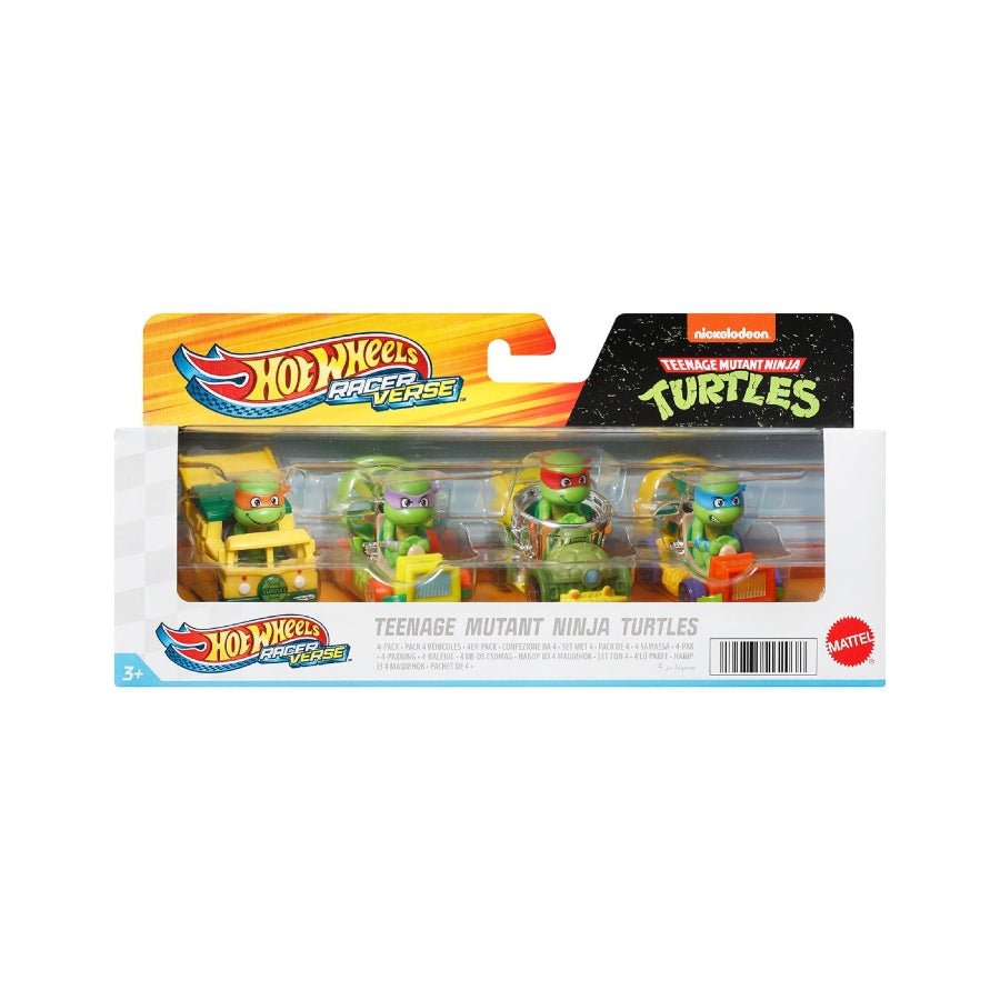 Hot Wheels RacerVerse TMNT 4-Pack – die-cast 1:64 scale cars featuring Leonardo, Michelangelo, Donatello and Raphael from Teenage Mutant Ninja Turtles.