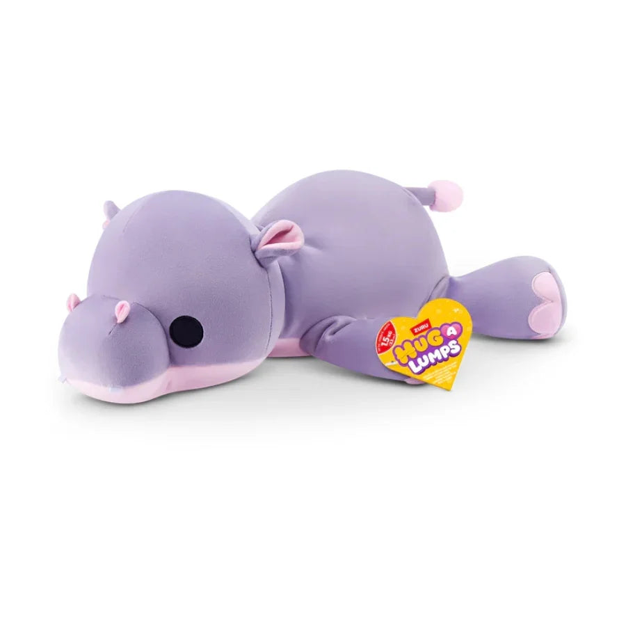 Purple Hug a Lumps hippo plush toy with pink accents, soft cuddly stuffed animal for kids