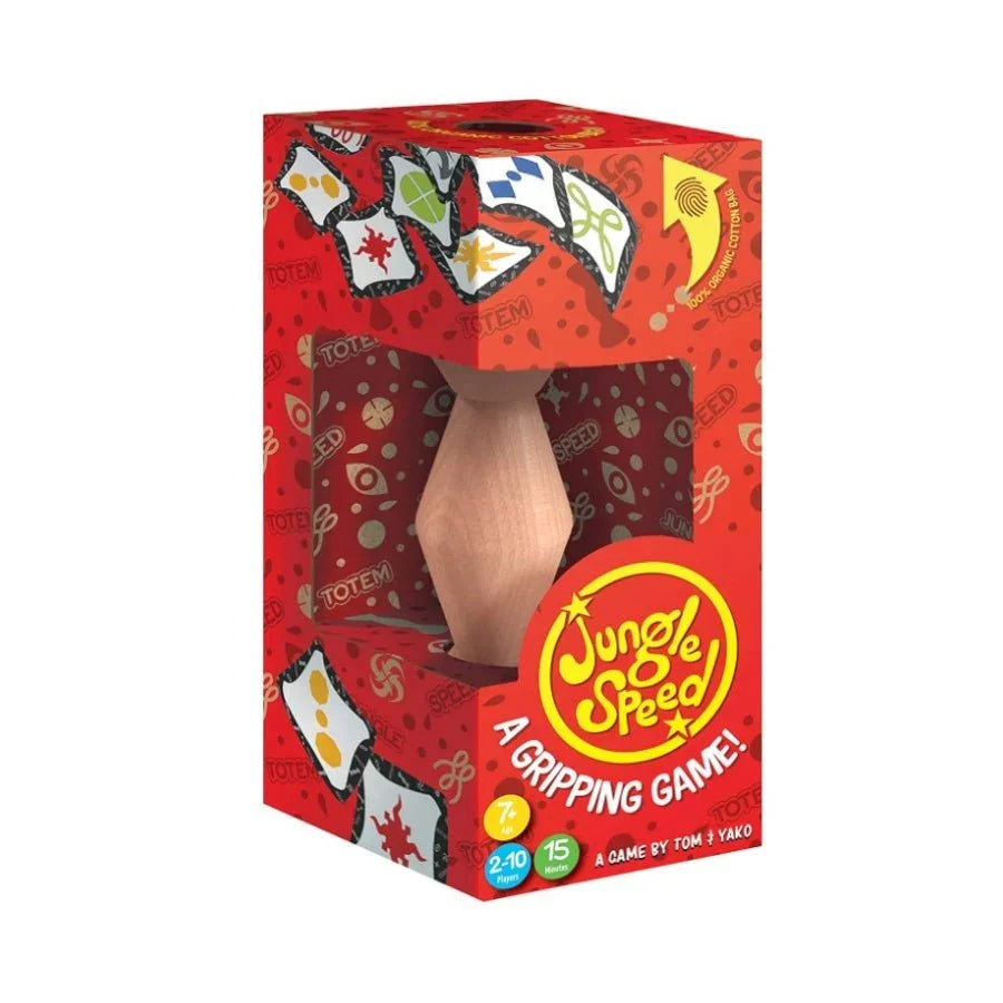 Jungle Speed Eco Edition card game with wooden totem and recyclable, eco-friendly packaging