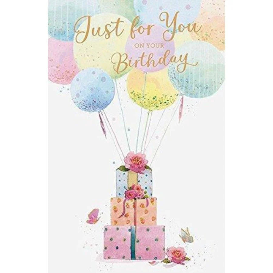 "Just for You on Your Birthday" Card – Balloons & Present Design