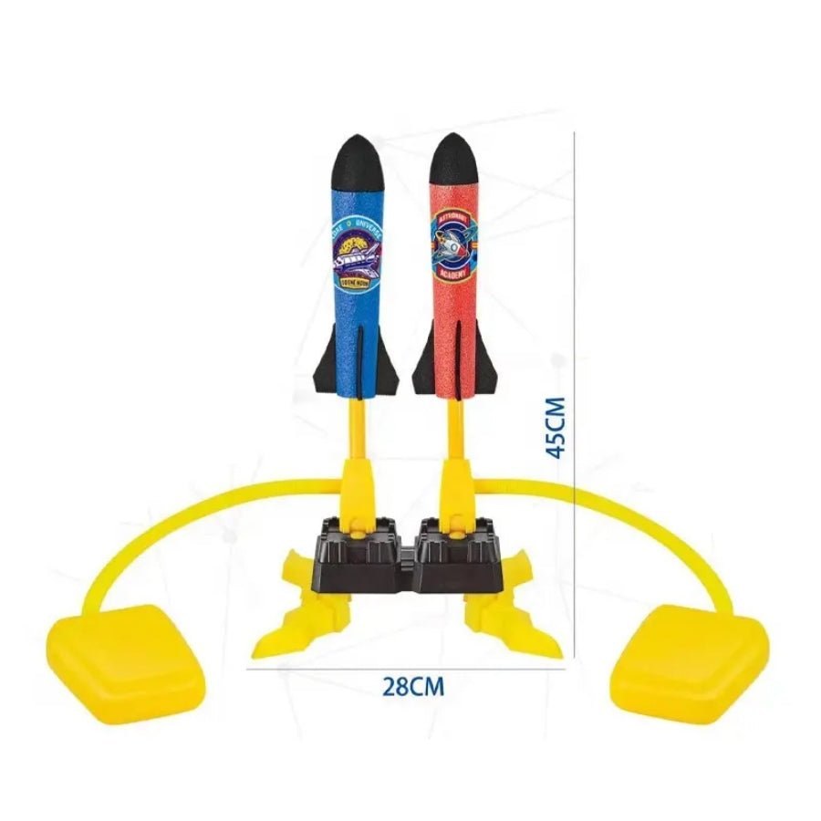 Colorful foam rocket launcher for kids with foot pedal pump and foam rockets on a launch pad