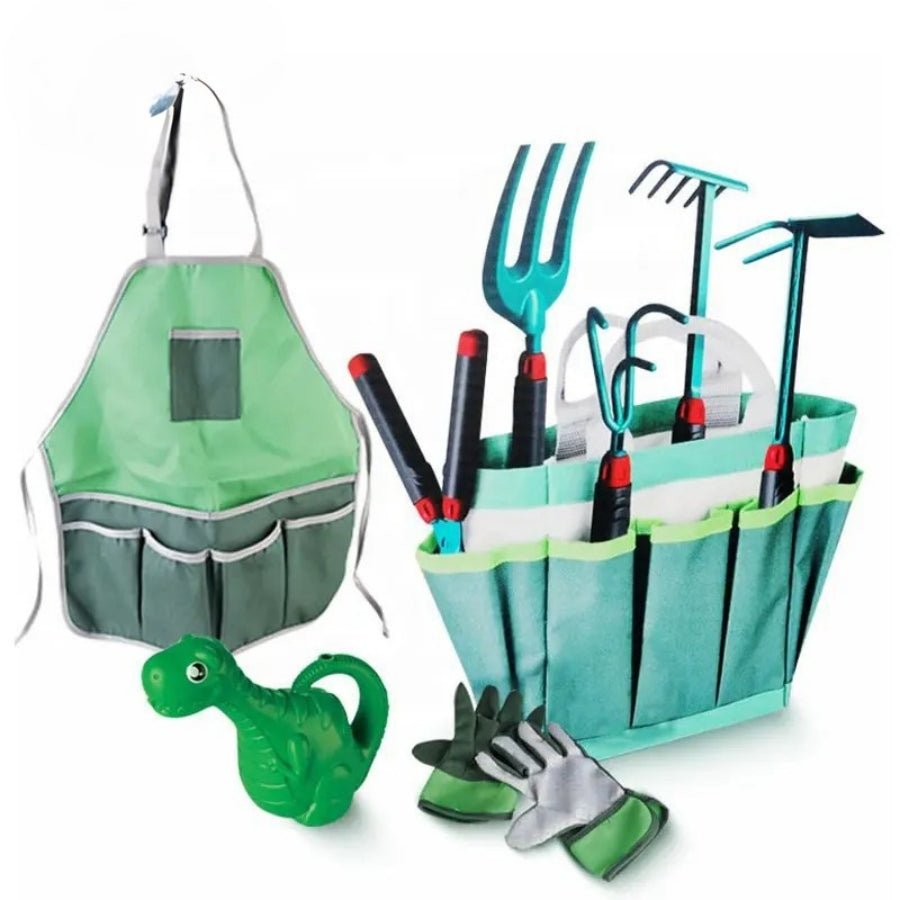 Kids Gardening Tools Set – colourful children’s garden play kit with trowel, rake, shovel, watering can, apron, carry bag and gloves on a white background.