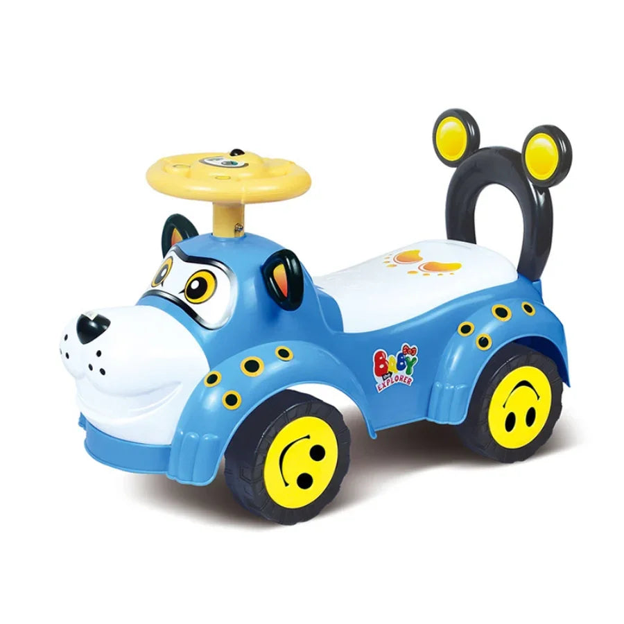 Blue dog-shaped ride-on toy car with yellow wheels and smiley faces for toddlers