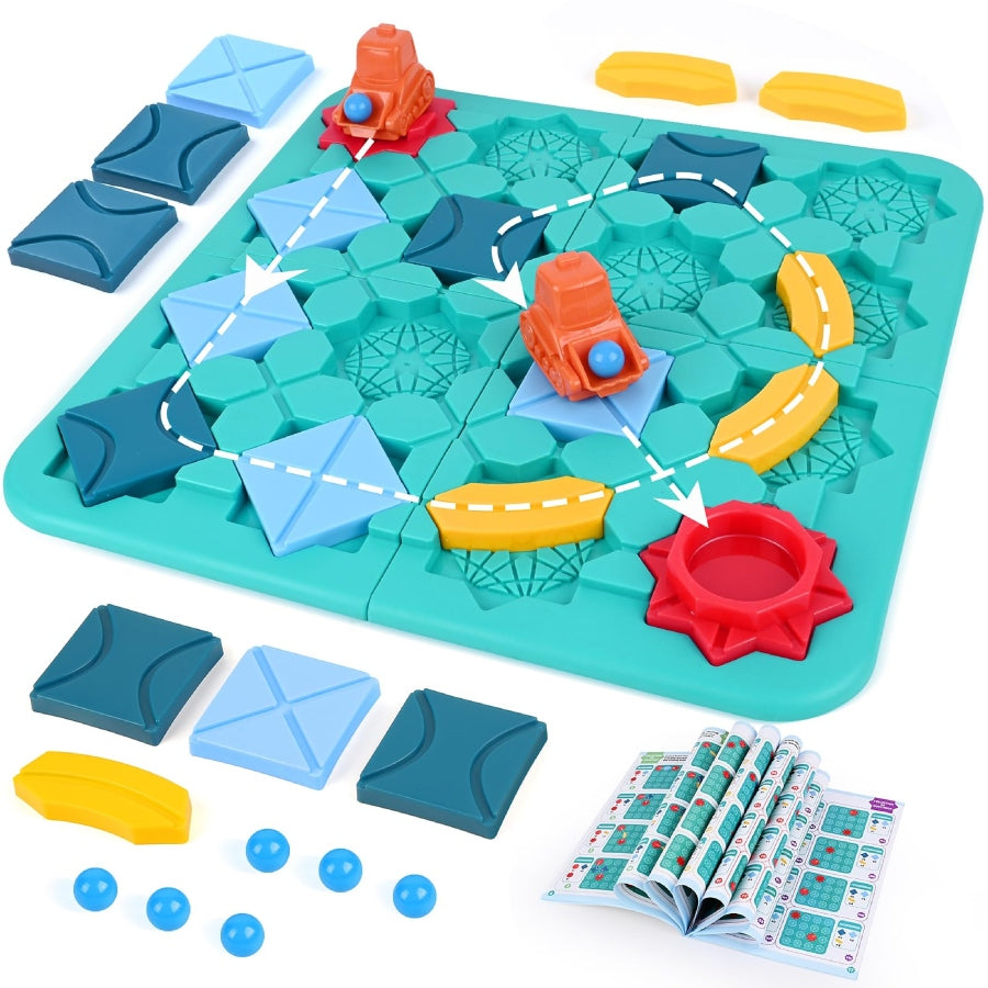 Children's educational board game with colorful pieces on a blue board