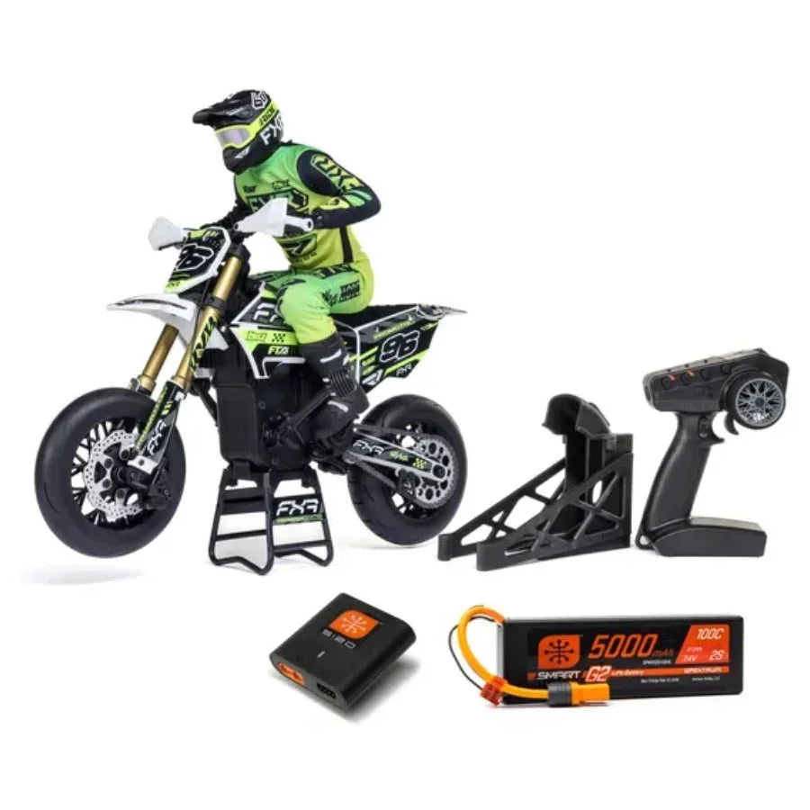Losi Promoto-SM FXR White 1/4 scale RTR electric Supermoto RC bike with rider figure.