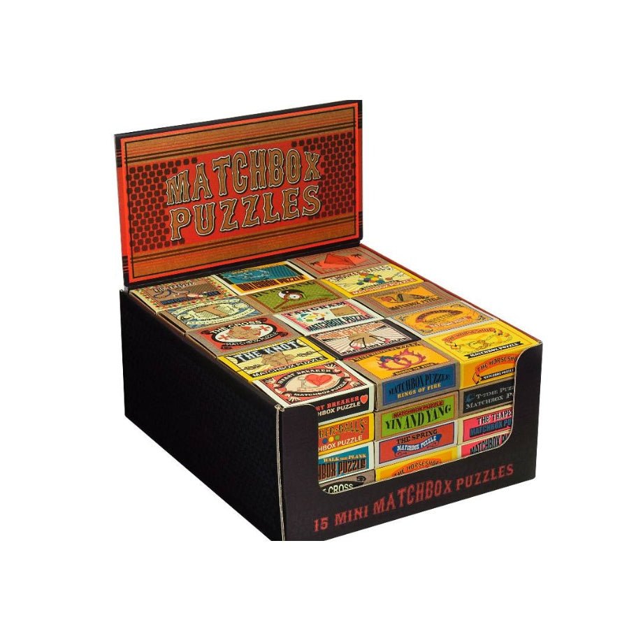 Assorted matchbox mini brain teaser puzzles in individual boxes – logic and fidget puzzles.