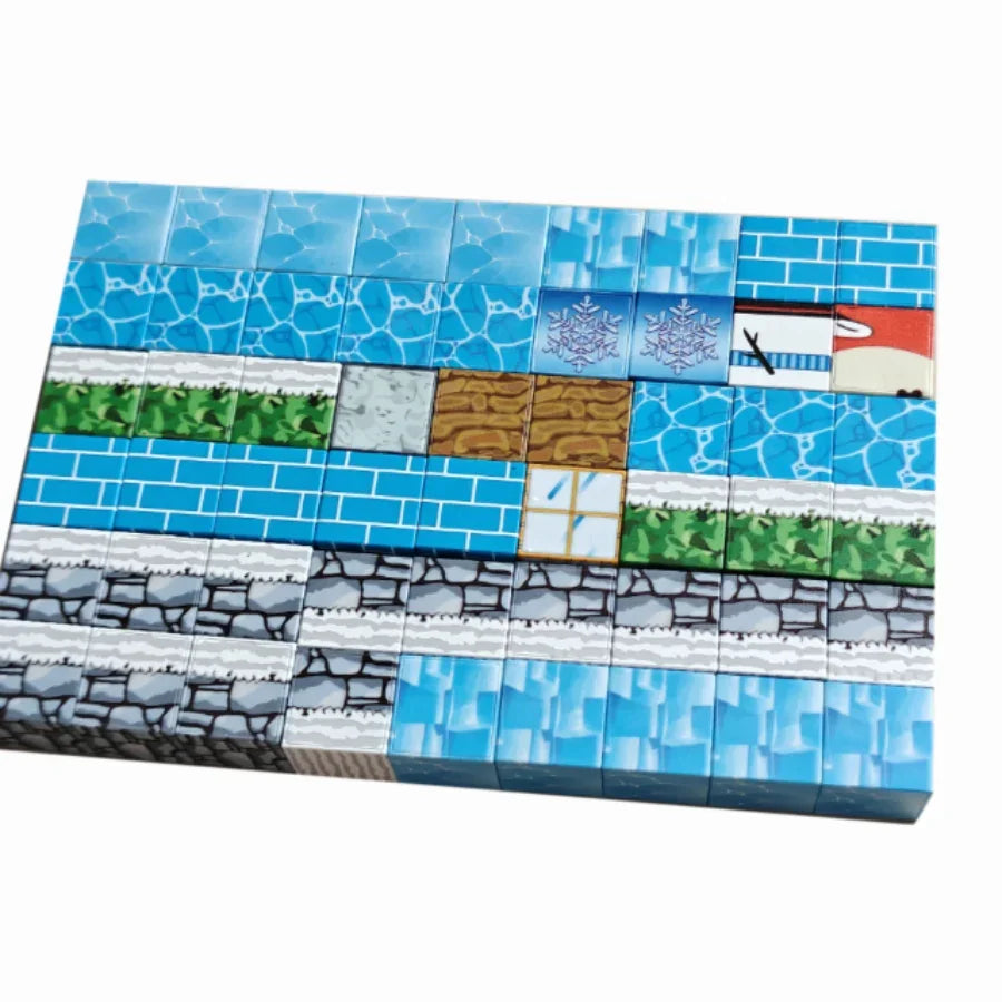 Colorful modular building tiles with water, brick, grass, and snow designs for creative model kits and hobby builds