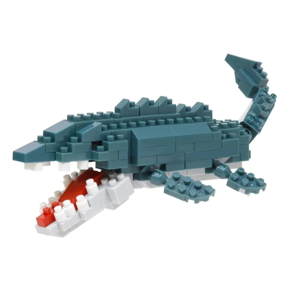 Nanoblock Mosasaurus NBC‑349 micro‑block model kit — teal and white Mosasaurus with exposed red mouth built at ~150 mm length