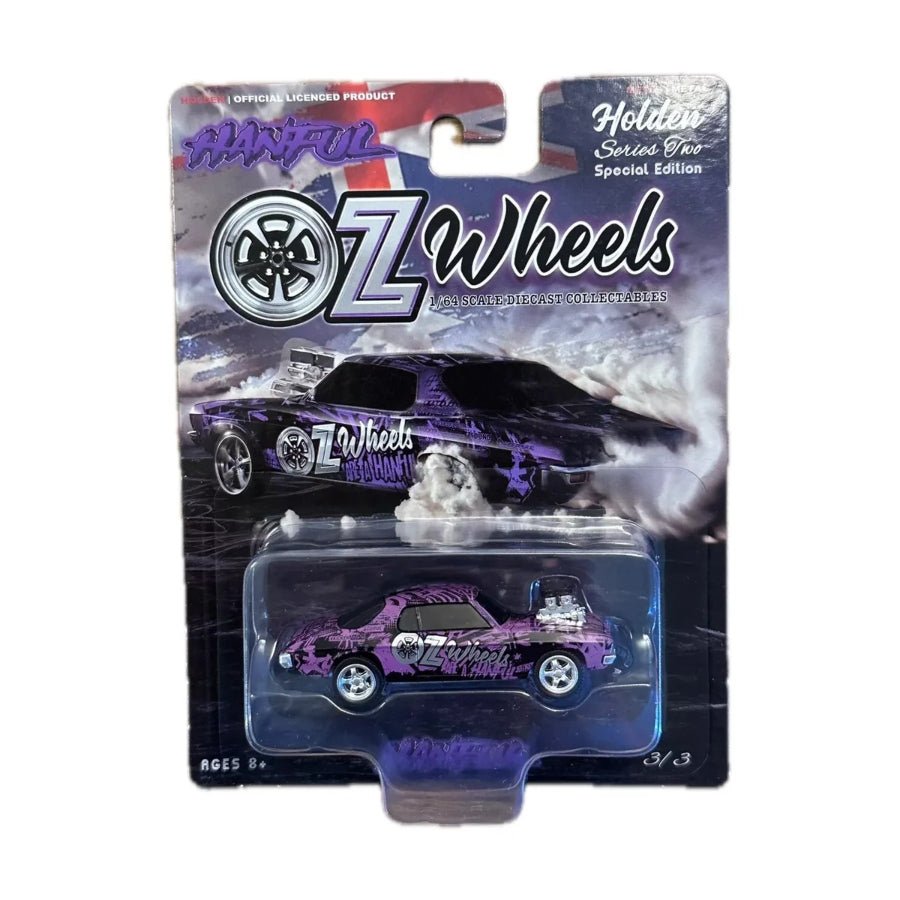Oz Wheels 1/64 OZ Wheels Wrapped Hanful Monaro Diecast Car – detailed Holden Monaro collectible model with OZ Wheels livery.