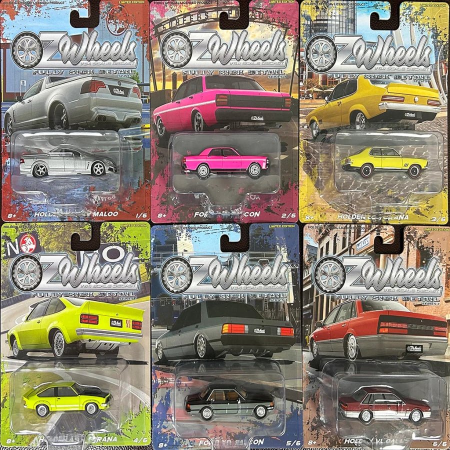 Oz Wheels FSD Series 1 – 1:64 scale die-cast set Australian muscle cars (Maloo, Falcon GTHO, Torana GTR, A9X, Calais) with metal chassis and rubber tyres.