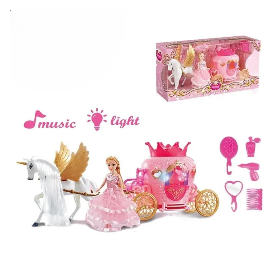 Pink princess carriage with toy horse, princess doll and hair styling accessories on a white background