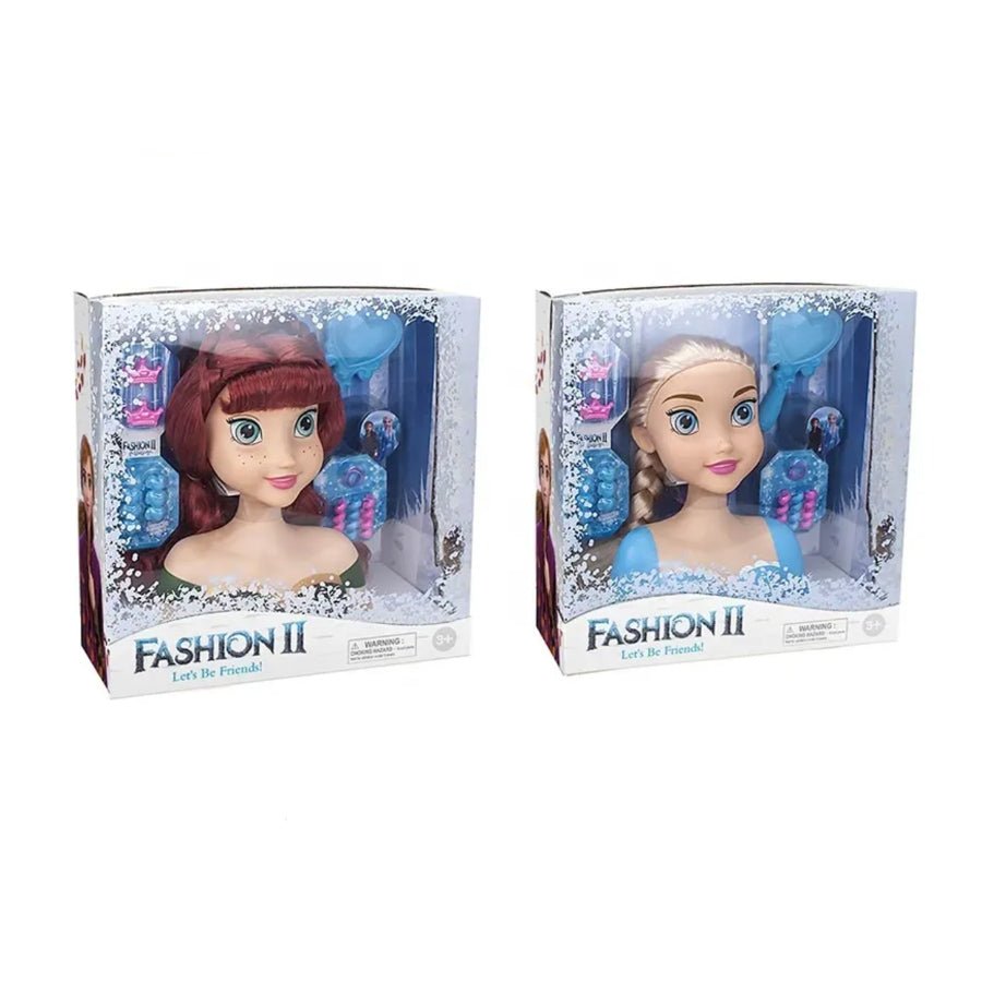 Princess Styling Doll Head – 16″ Anna or Elsa in packages including accessories for brushing, braiding, and creative play on a white background.