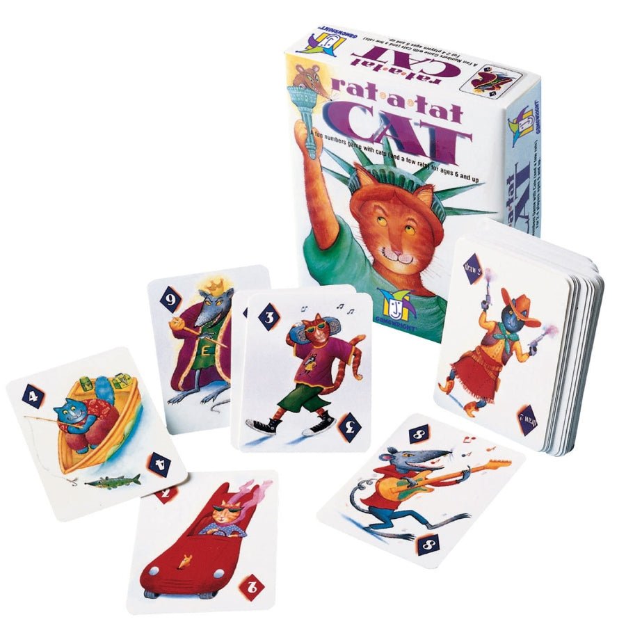 Rat-A-Tat Cat card game with cartoon cat and rat cards designed for fun memory-based gameplay for kids and families