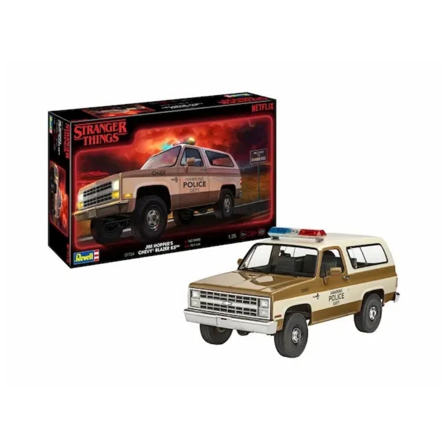 Revell 07724 Stranger Things Jim Hopper 1985 Chevrolet K5 Blazer 1:25 scale model kit box with police truck artwork.