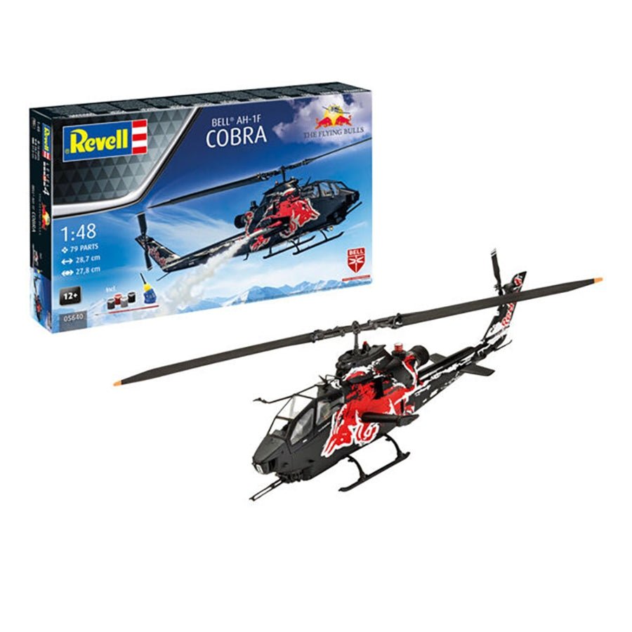 Revell 1:48 AH-1F Cobra “The Flying Bulls” 25th Anniversary Gift Set 05640 – plastic helicopter model kit with paints, decals, and detailed cockpit/rotor parts.