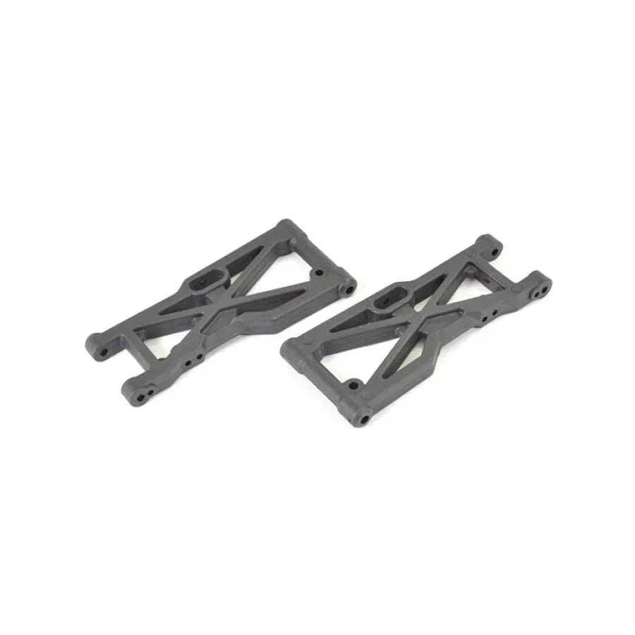 Gray RC car suspension arms for model kits, featuring precision-cut holes and X-brace design.