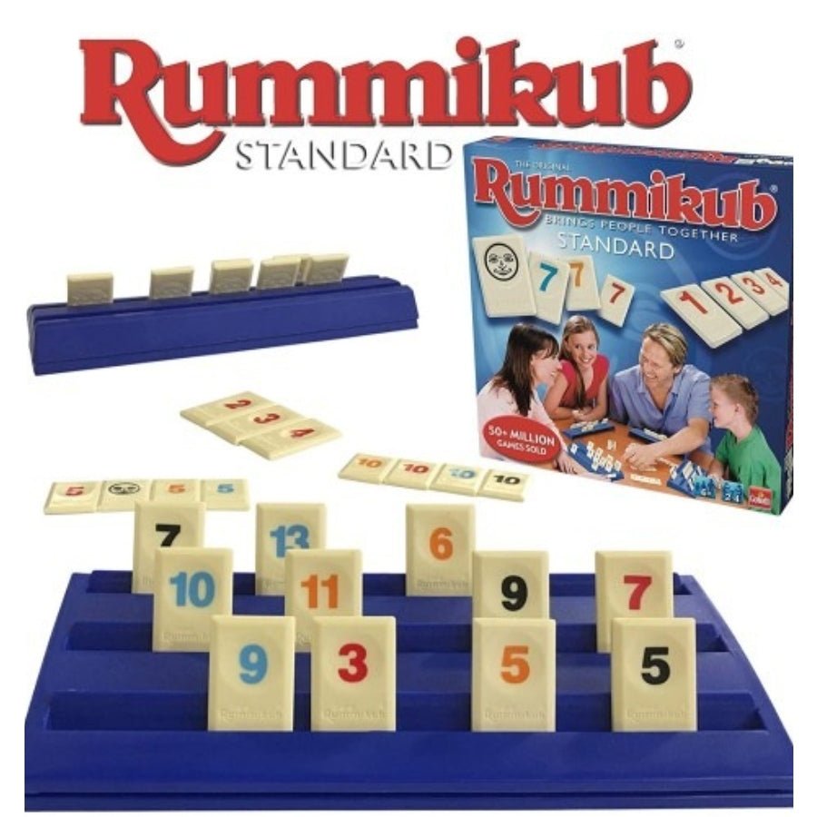 Rummikub Tile Game – classic number strategy board game with numbered tiles, racks, and instructions for fun family play and learning.