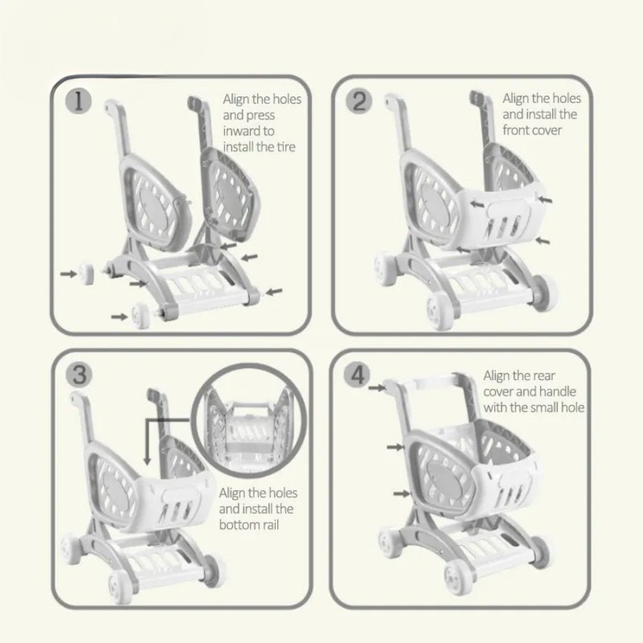 shopping cart build instruction sheet on an off white background