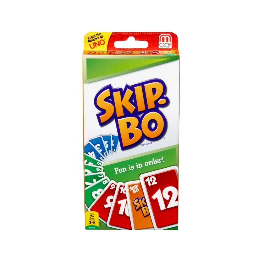 Skip-Bo Card Game box with colourful numbered cards and wild Skip-Bo cards for fun family sequencing gameplay