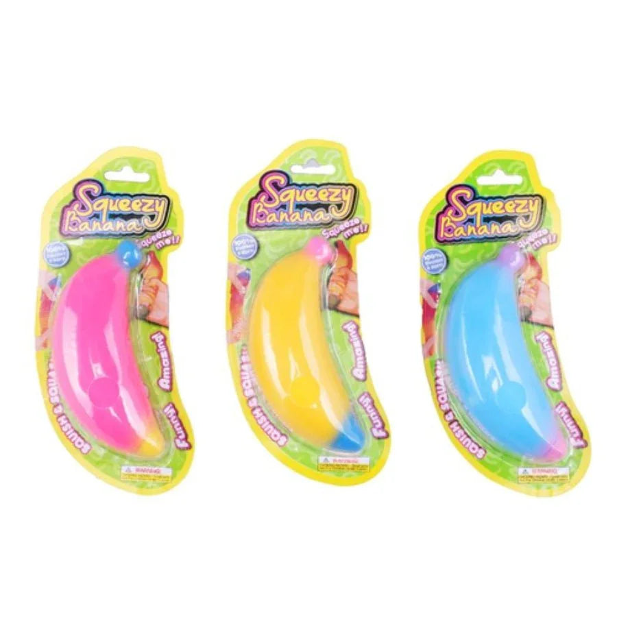 Squeezy Banana stress toy – bright yellow banana-shaped squishy being squeezed by a hand