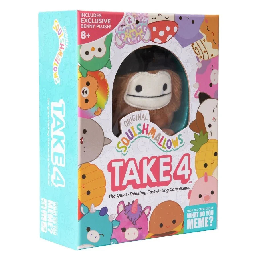 Squishmallows Take 4 card game box with exclusive Benny plush, colorful character artwork