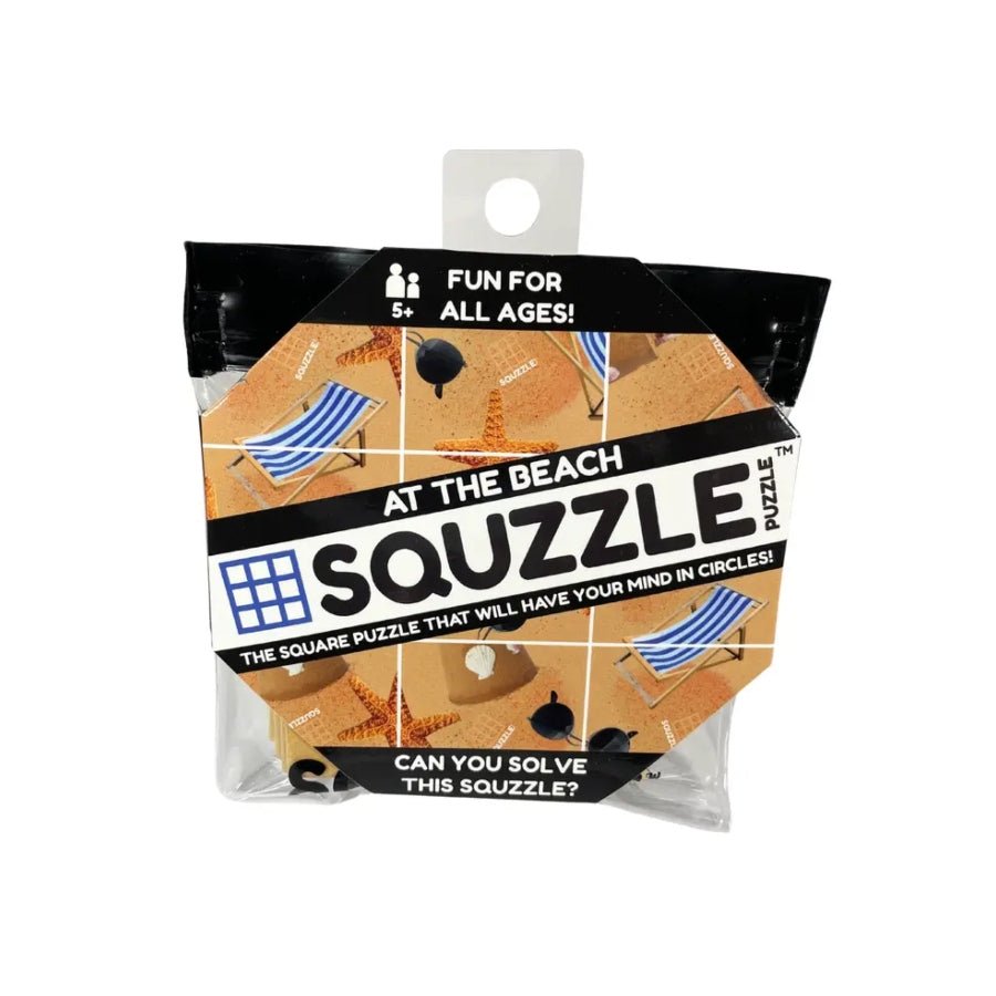 Squzzle Puzzle brain teaser with geometric shape pieces and frame.