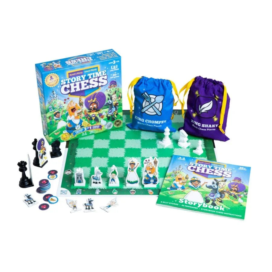 Story Time Chess game set with chess pieces, bags, colorful board, storybook, and box for kids