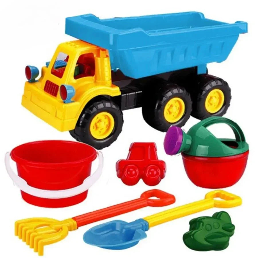 Summer Sand Beach Truck Toy – bright kids’ beach toy vehicle set with shovels, scoops, and sand moulds for outdoor summer play on a white background