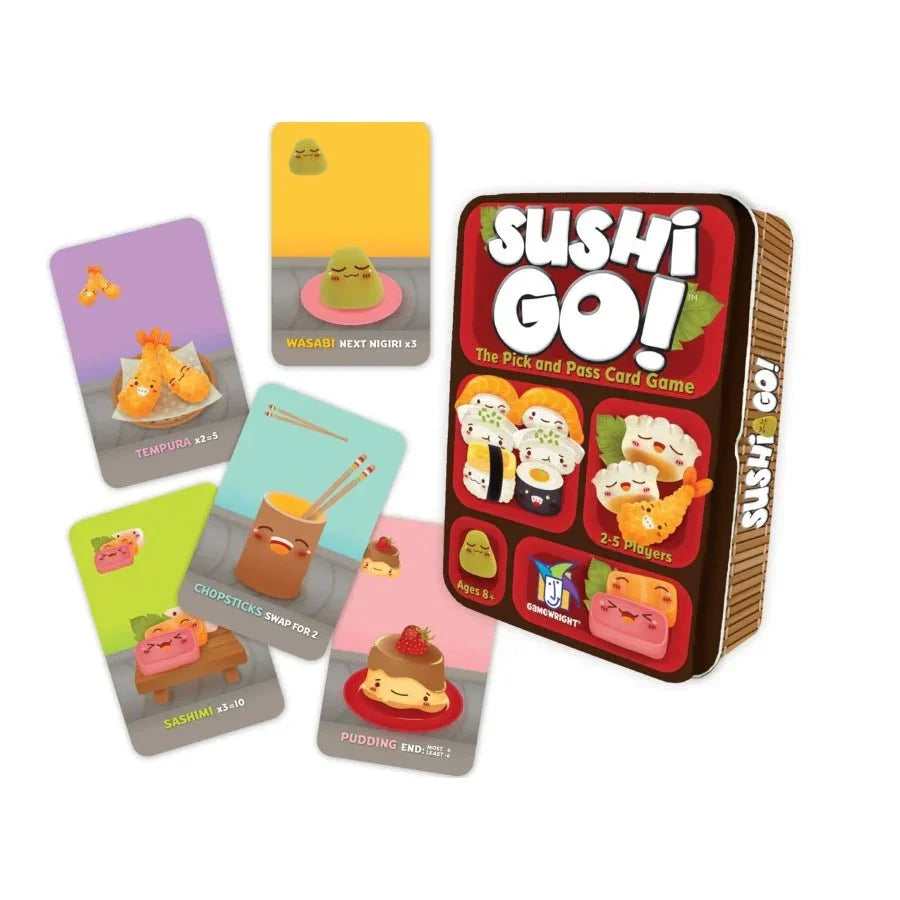Sushi Go! Card Game box with cute sushi-themed illustrations and fast-paced pick-and-pass card gameplay