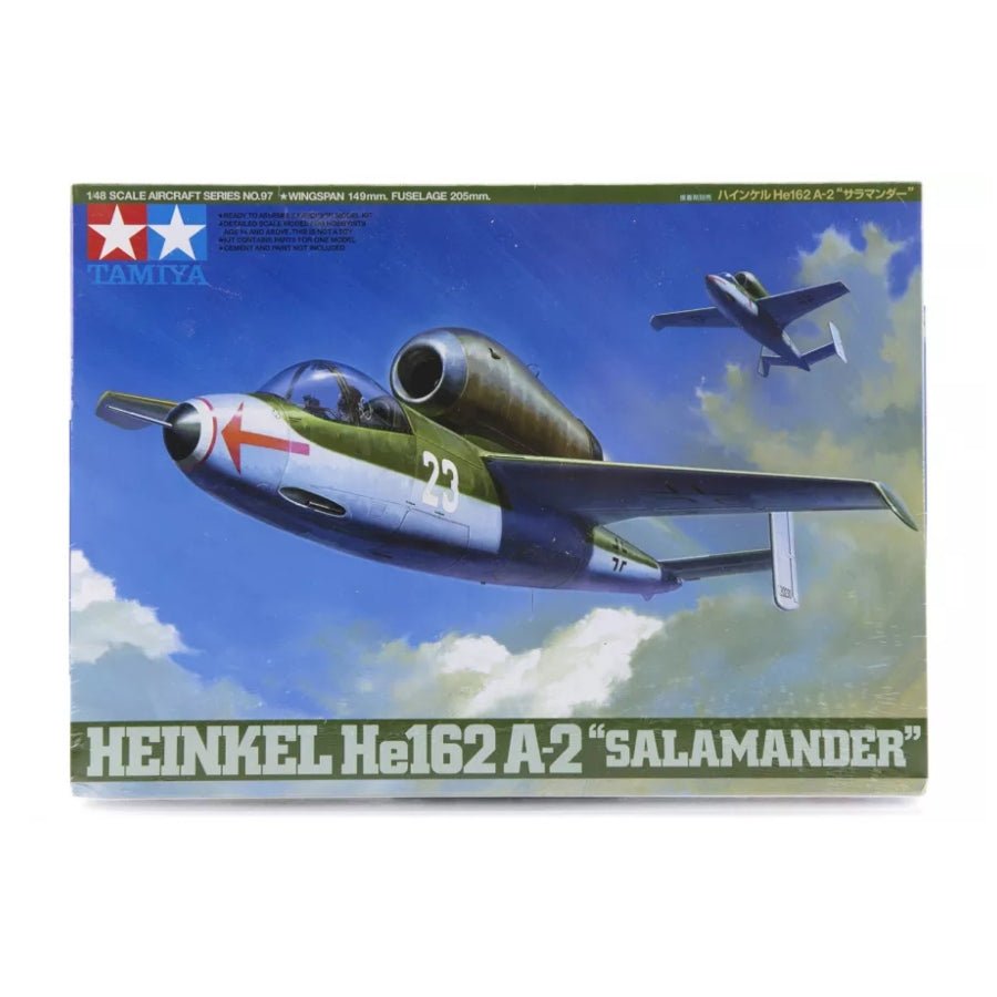 Tamiya 1/48 Heinkel He162 A-2 Salamander Fighter 61097 – WWII German jet aircraft plastic model kit with detailed cockpit, jet engine, and decals.