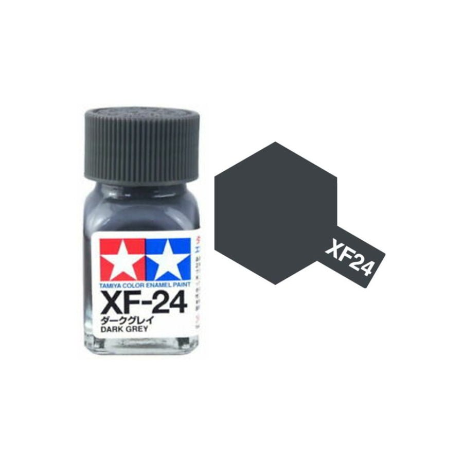 Tamiya XF-24 Dark Grey enamel paint jar for scale model painting.