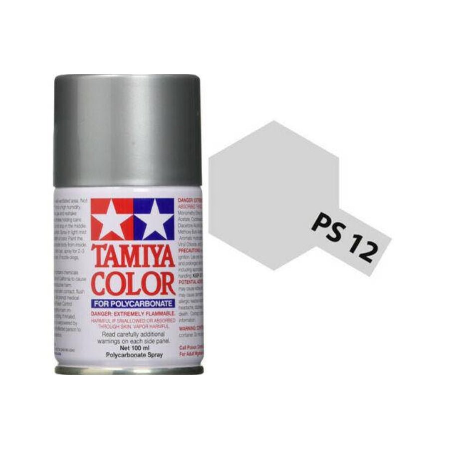 Tamiya PS-12 Silver Polycarbonate Spray Paint can for RC car body painting.