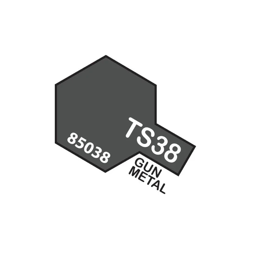 Tamiya TS-38 Gun Metal spray paint swatch, code 85038, for model kits and hobby projects