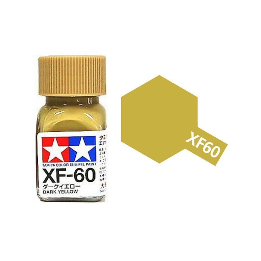 Tamiya XF-60 Flat Dark Yellow enamel paint jar for scale model painting.