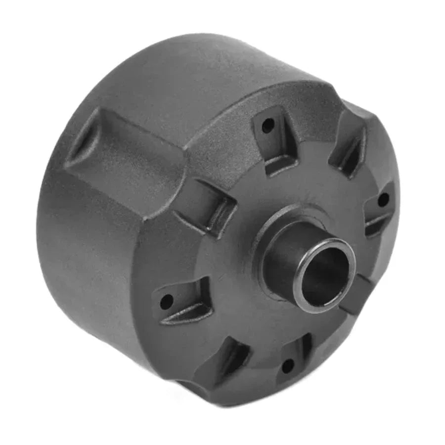 Black RC car motor housing with mounting holes and central shaft, for model vehicle upgrades