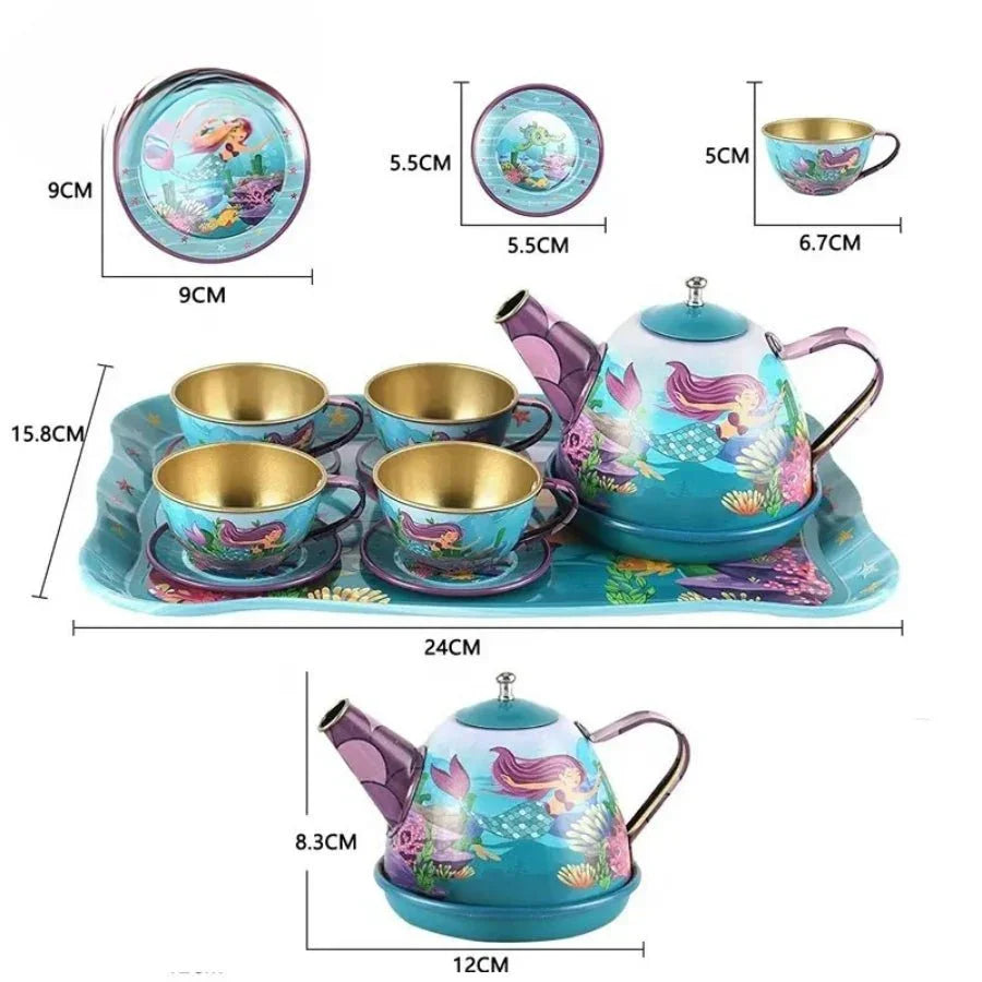 Mermaid teapot set with measurements on a white background