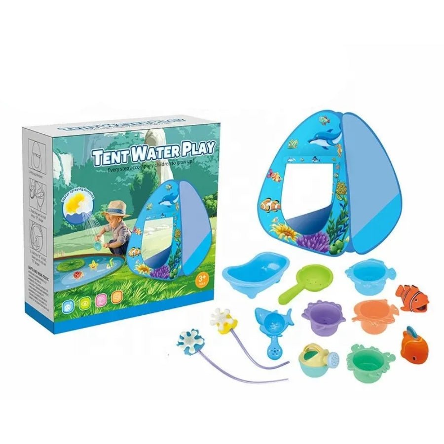 Tent Water Play Set for Kids – colourful outdoor sprinkler tent for summer backyard fun and imaginative splash play.