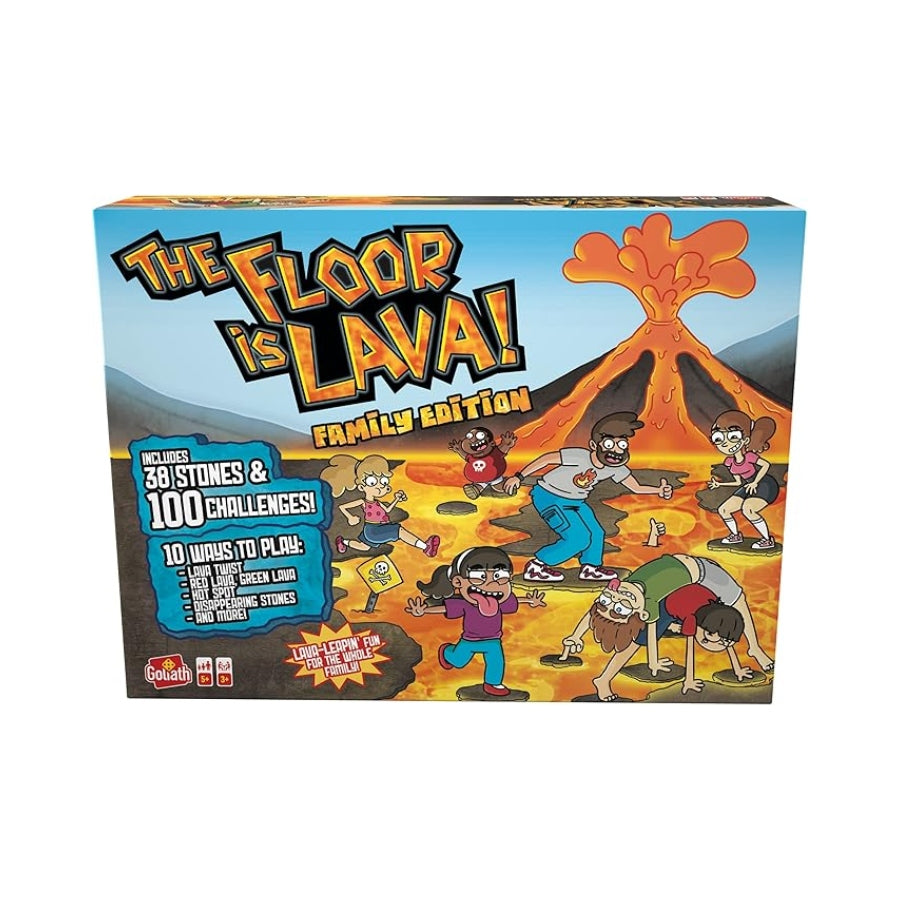 Box and contents of Goliath The Floor is Lava! Family Edition board game, showing foam stones, spinner board and challenge cards
