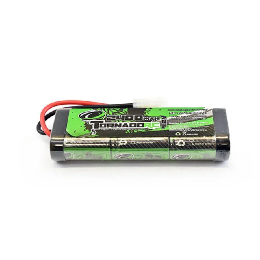 Tornado RC 2400mAh 7.4V LiPo battery for RC cars and models, green and black design with red/black wires