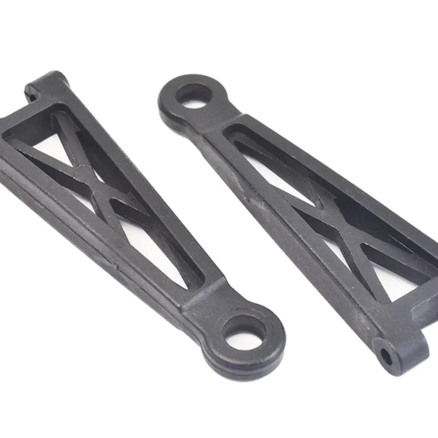 Black plastic RC car suspension arms with X-brace design for model kits and hobby builds