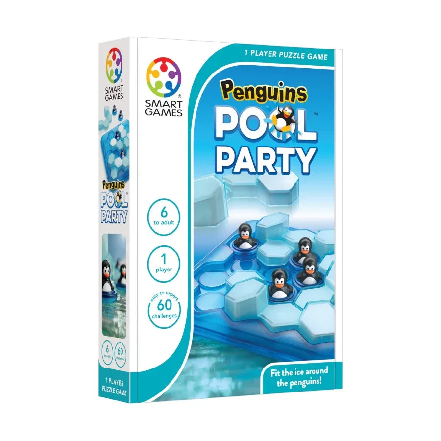 Penguins Pool Party 1-player puzzle game with 60 challenges for ages 6+, featuring penguins on ice tiles.